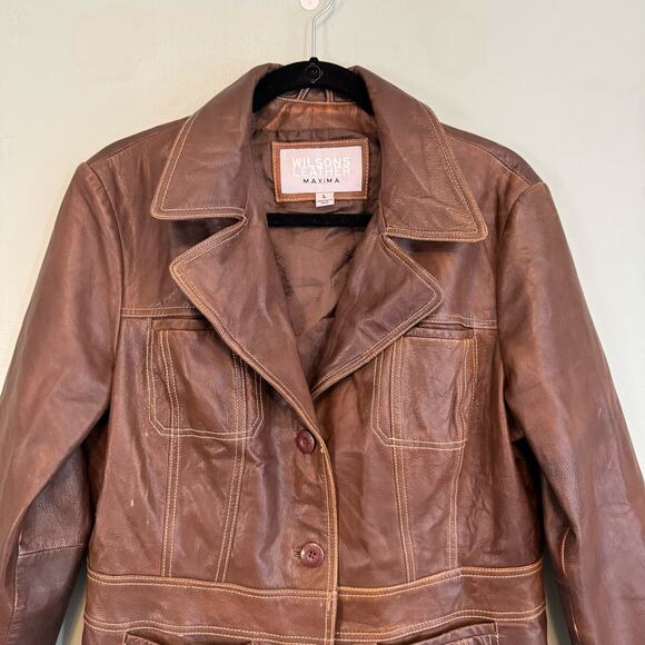 Wilsons Leather Maxima Trench Coat Women L Brown Collared Button Mobwife Outdoor - Picture 3 of 13